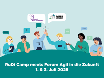 Zeichnung mit Personen um einen Tisch die gemeinsam arbeiten mit dem Hinweis auf das Rudi Camp im Juli 2025