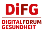 Logo mit rotem Schriftzug „DiFG“ und darunter „Digitalforum Gesundheit“ auf weißem Hintergrund.