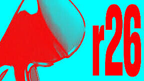 Abstrakte Grafik mit einer fließenden, organisch wirkenden roten Form auf türkisem Hintergrund. Rechts daneben steht der Schriftzug „r26“ in roter Schrift.