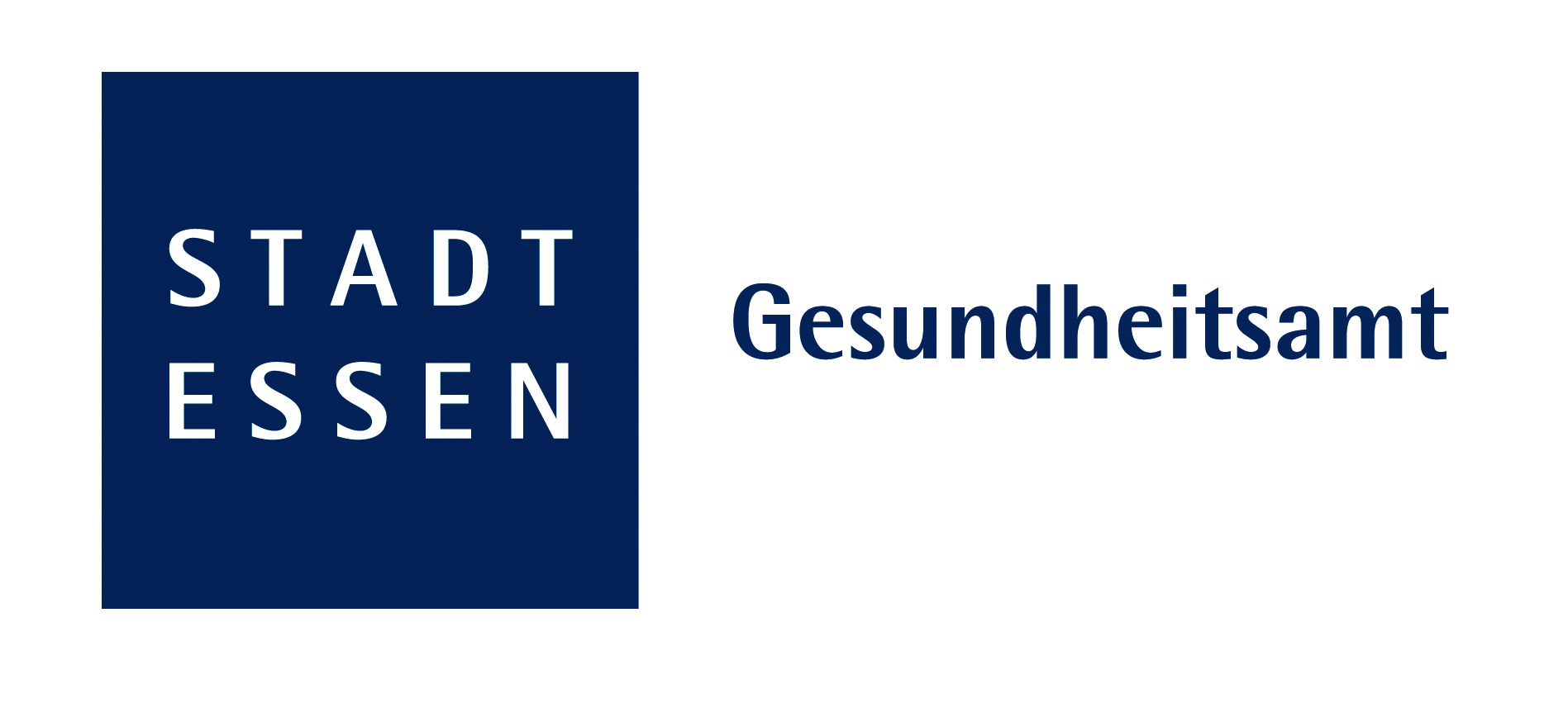 Logo der Stadt Essen, weiß auf blauem Grund. in blau: Gesundheitsamt. 