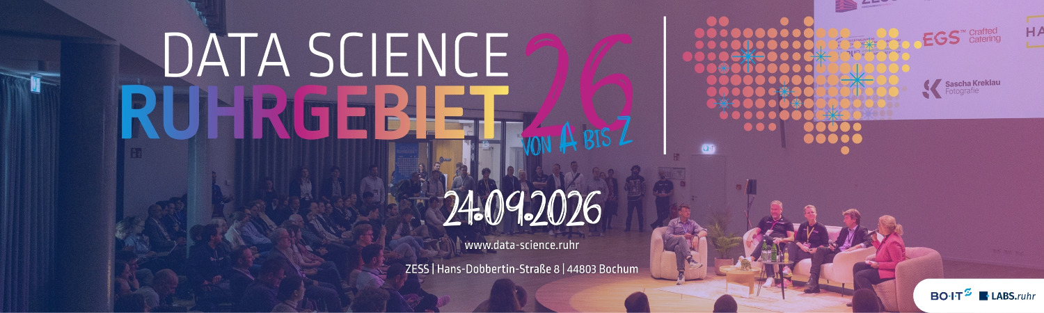 Veranstaltungsbanner für „Data Science Ruhrgebiet 26“ am 24.09.2026 im ZESS, Bochum. Das Hintergrundbild zeigt eine Podiumsdiskussion vor Publikum in einer modernen Veranstaltungshalle.