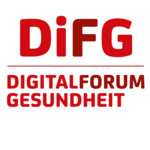 Logo mit rotem Schriftzug „DiFG“ und darunter „Digitalforum Gesundheit“ auf weißem Hintergrund.