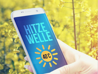 Ein Smartphone mit der Meldung "Hithzewelle"