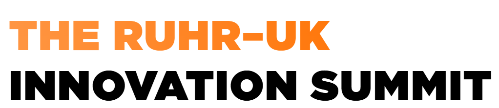 The Ruhr–UK Innovation Summit Schriftzug-Logo auf weißem Hintergrund mit dem Text „THE RUHR-UK INNOVATION SUMMIT“. Die obere Zeile „THE RUHR-UK“ ist in orangefarbenen Großbuchstaben und die untere Zeile „INNOVATION SUMMIT“ in schwarzen Großbuchstaben gestaltet.