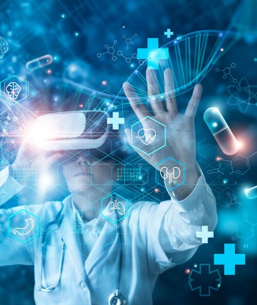Ein Arzt mit einer VR Brille, der iin einer Virtuellen Darstellung von Gesundheit steht