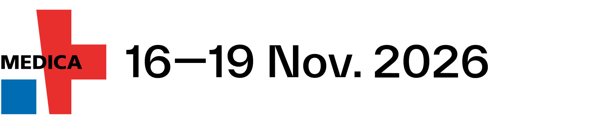 Logo der Fachmesse MEDICA mit farbigen grafischen Elementen in Rot und Blau sowie dem Schriftzug „MEDICA“. Daneben steht der Veranstaltungszeitraum „16.–19. Nov. 2026“