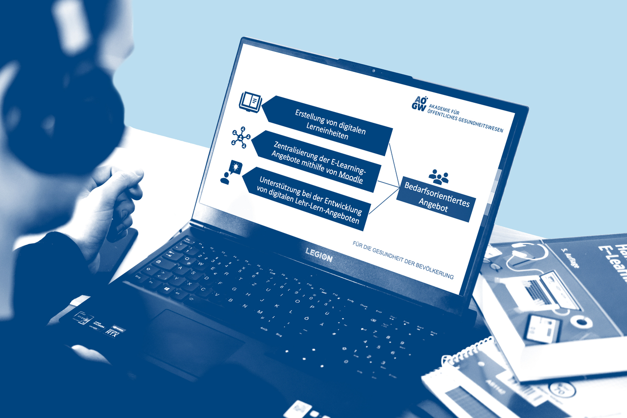 Ein blau getöntes Foto einer Person mit Kopfhörern, die an einem Laptop arbeitet. Auf dem Bildschirm ist eine Grafik der „Akademie für Öffentliches Gesundheitswesen“ (AÖGW) zu sehen, die drei Kernbereiche für ein bedarfsorientiertes E-Learning-Angebot zeigt: Erstellung digitaler Lerneinheiten, Zentralisierung über Moodle und Unterstützung bei der Entwicklung von Lehr-Lern-Angeboten.