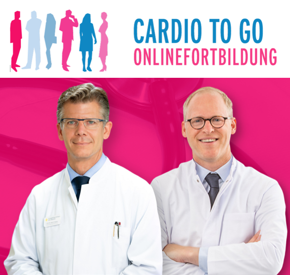 Ein Werbebanner für die Onlinefortbildung "Cardio to go". Es zeigt zwei lächelnde männliche Ärzte in weißen Kitteln vor einem pinkfarbenen Hintergrund mit einem Stethoskop-Muster. Oben sind der Text und Silhouetten von Personen zu sehen.