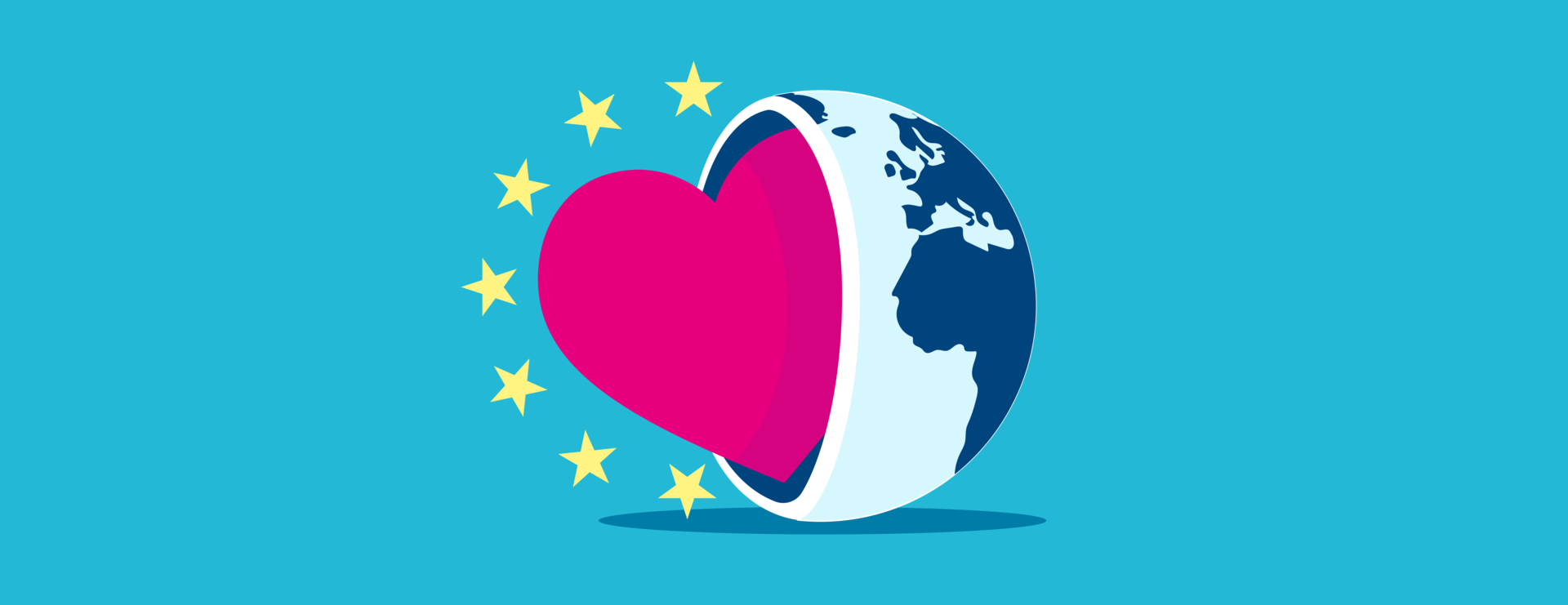 Grafik auf türkisblauem Hintergrund: Ein großes, pinkes Herz ragt aus einer geöffneten Erdkugel hervor. Links um das Herz herum sind sechs gelbe Sterne im Halbkreis angeordnet, angelehnt an die Europaflagge.