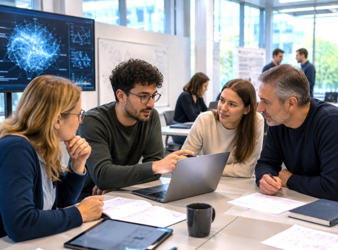 Vier Kollegen, zwei Frauen und zwei Männer, sitzen an einem Tisch im Büro und betrachten konzentriert einen geöffneten Laptop.